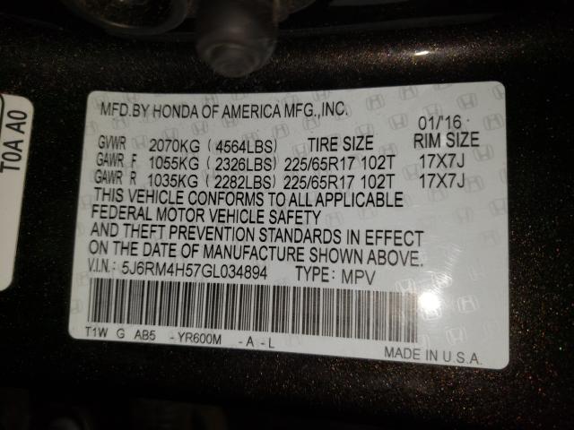 Photo 9 VIN: 5J6RM4H57GL034894 - HONDA CR-V EX 