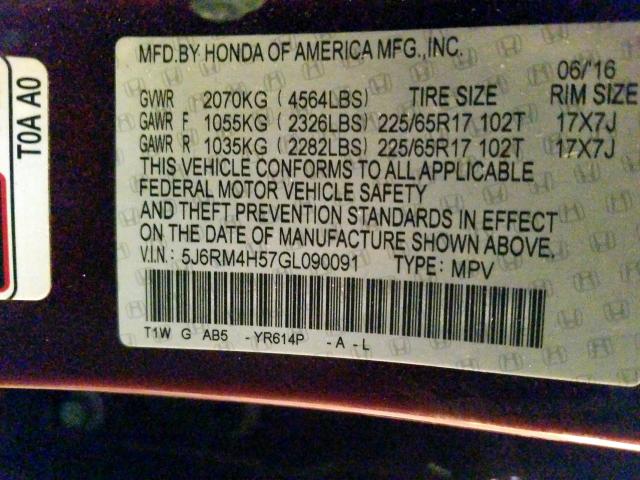 Photo 9 VIN: 5J6RM4H57GL090091 - HONDA CR-V EX 