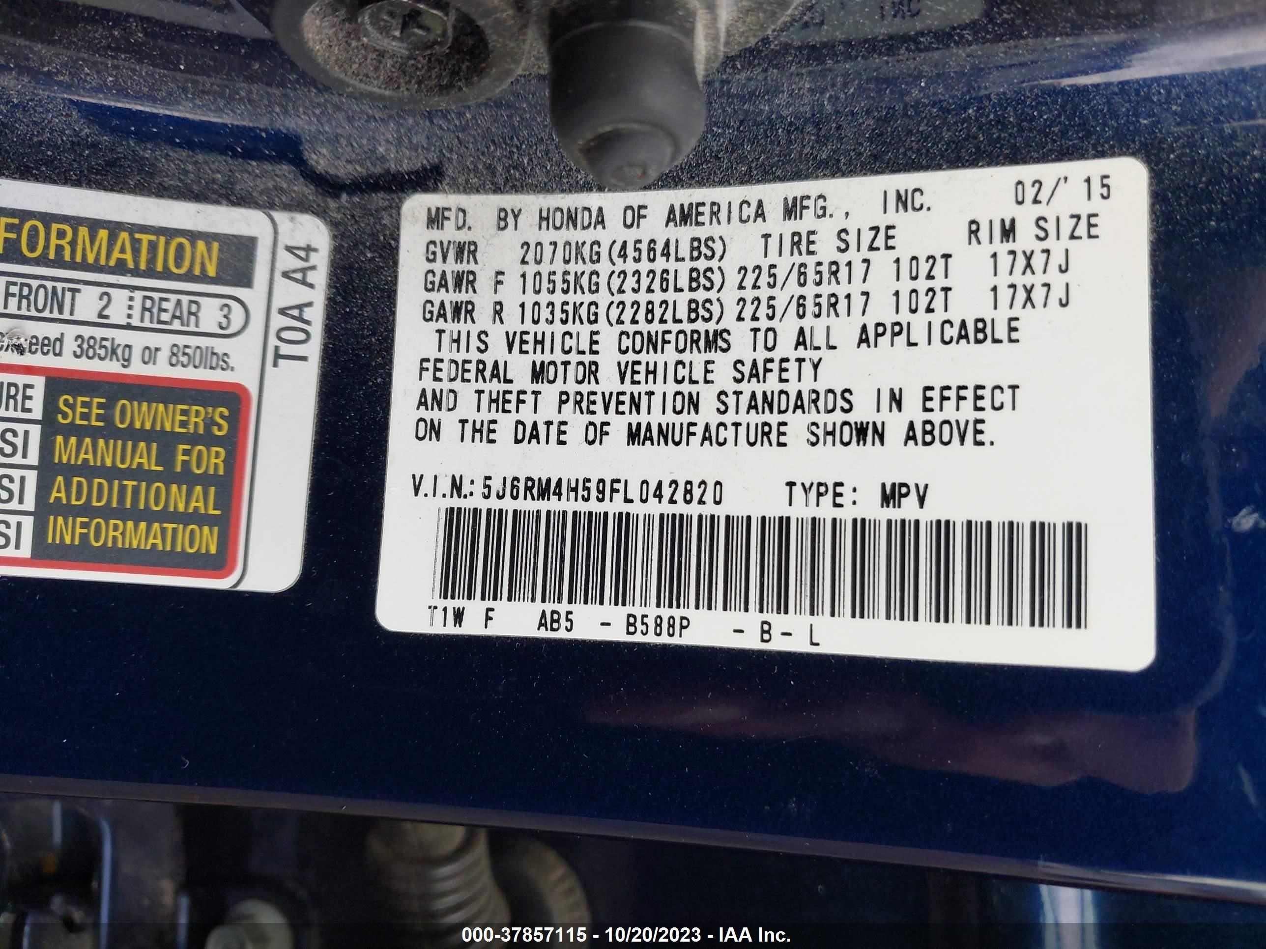 Photo 8 VIN: 5J6RM4H59FL042820 - HONDA CR-V 