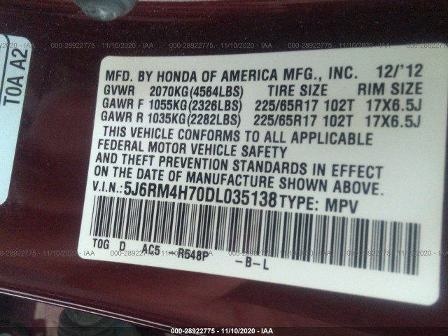 Photo 8 VIN: 5J6RM4H70DL035138 - HONDA CR-V 