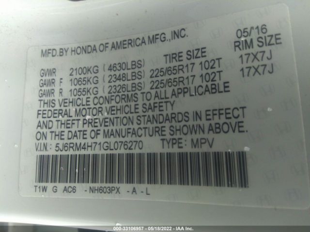 Photo 8 VIN: 5J6RM4H71GL076270 - HONDA CR-V 