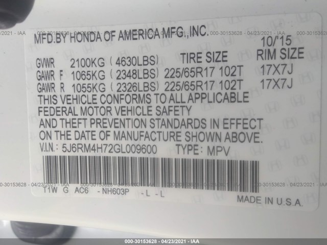 Photo 8 VIN: 5J6RM4H72GL009600 - HONDA CR-V 