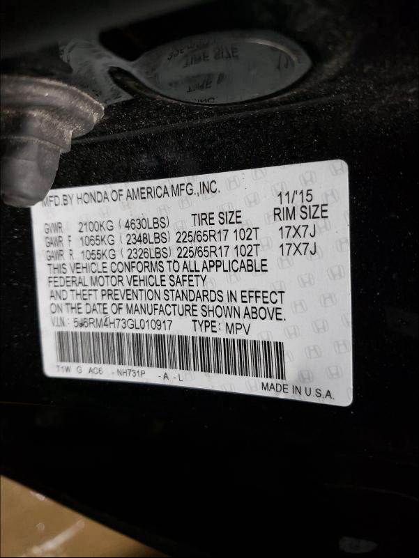 Photo 9 VIN: 5J6RM4H73GL010917 - HONDA CR-V EXL 