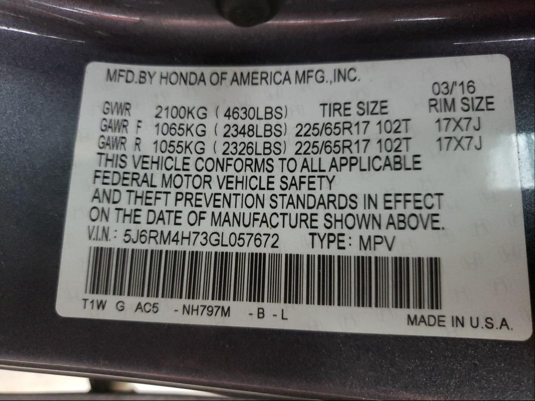 Photo 9 VIN: 5J6RM4H73GL057672 - HONDA CR-V EXL 