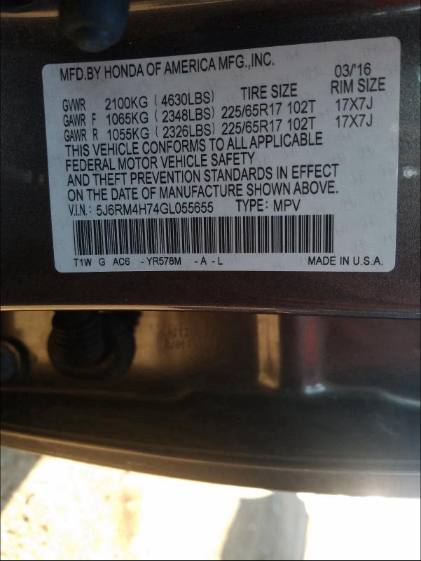 Photo 9 VIN: 5J6RM4H74GL055655 - HONDA CR-V EXL 