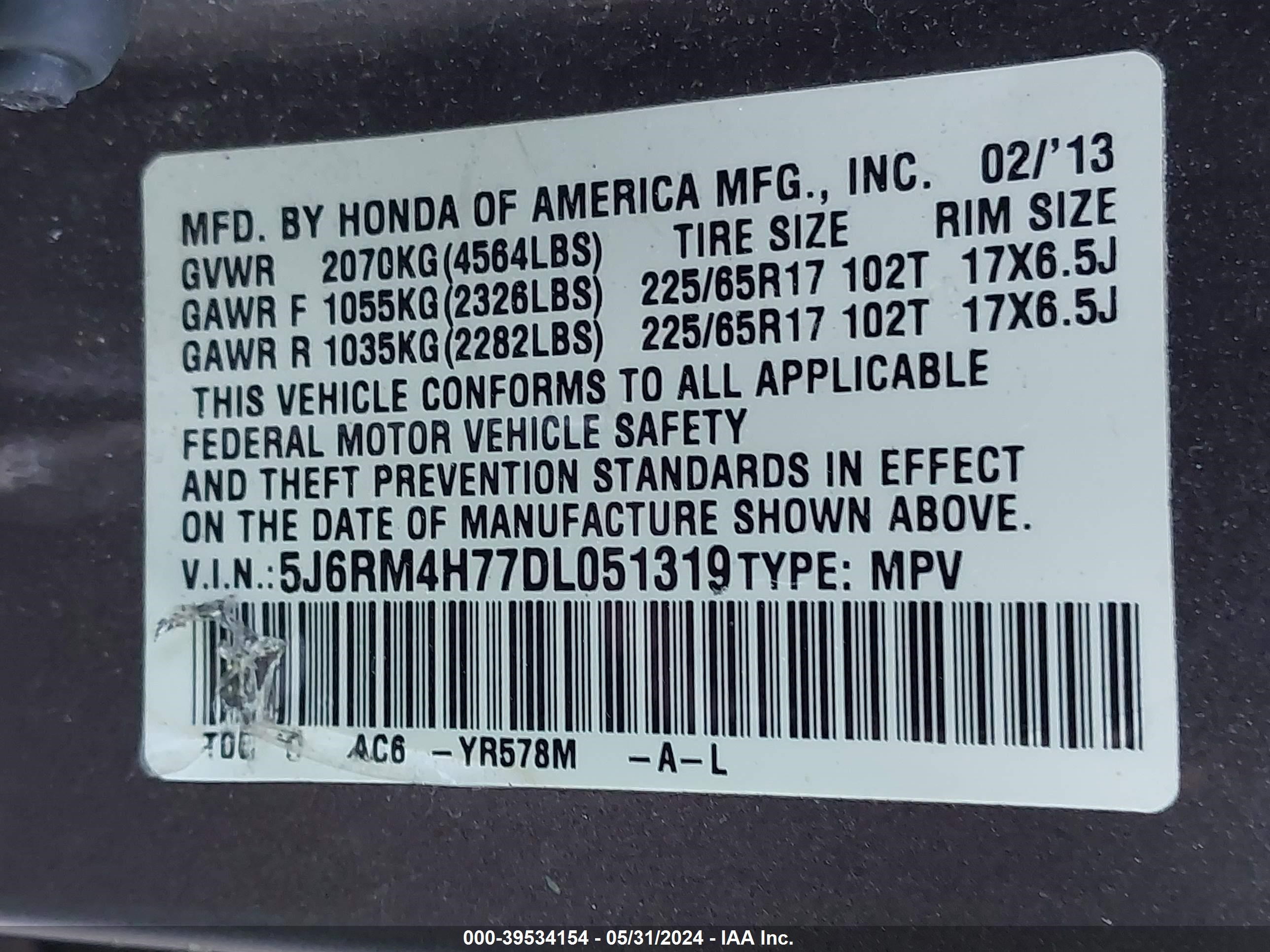 Photo 8 VIN: 5J6RM4H77DL051319 - HONDA CR-V 