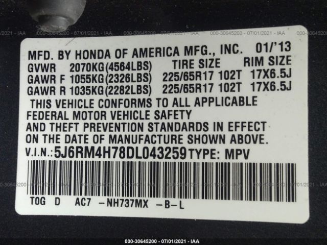 Photo 8 VIN: 5J6RM4H78DL043259 - HONDA CR-V 