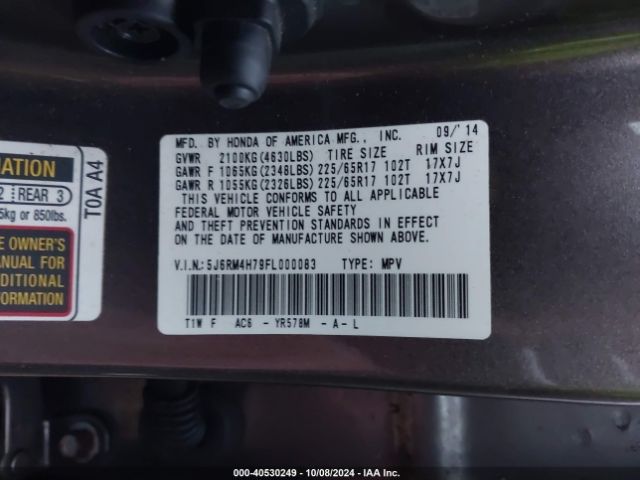 Photo 8 VIN: 5J6RM4H79FL000083 - HONDA CR-V 