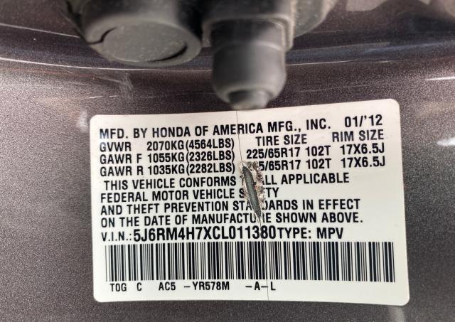 Photo 9 VIN: 5J6RM4H7XCL011380 - HONDA CR-V EXL 