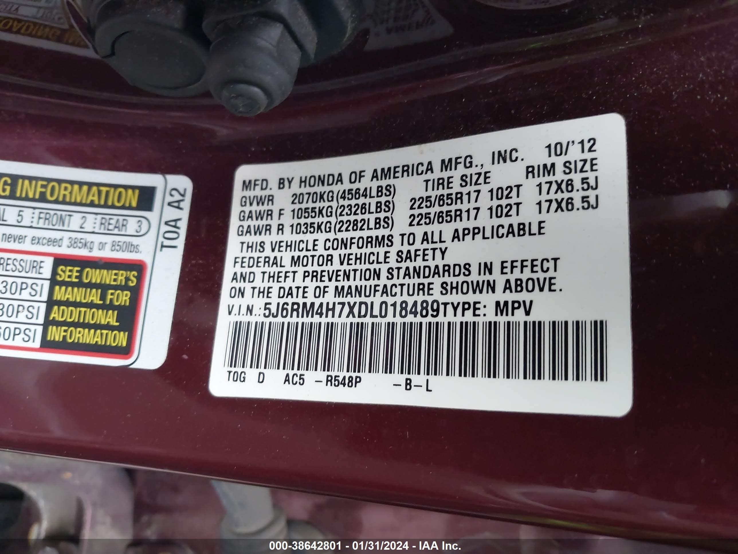 Photo 8 VIN: 5J6RM4H7XDL018489 - HONDA CR-V 