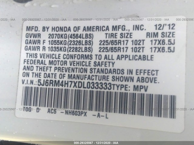 Photo 8 VIN: 5J6RM4H7XDL033333 - HONDA CR-V 