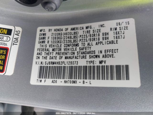 Photo 8 VIN: 5J6RM4H92FL129073 - HONDA CR-V 