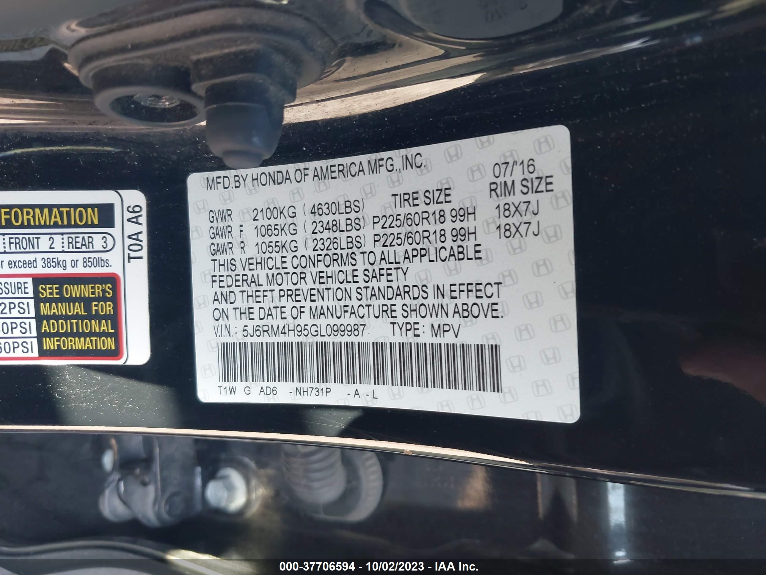 Photo 8 VIN: 5J6RM4H95GL099987 - HONDA CR-V 