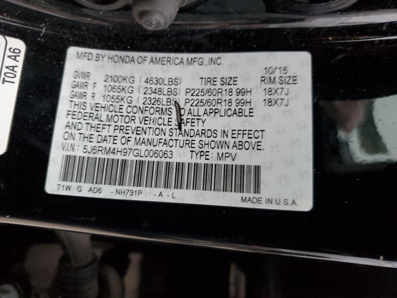 Photo 12 VIN: 5J6RM4H97GL006063 - HONDA CR-V 