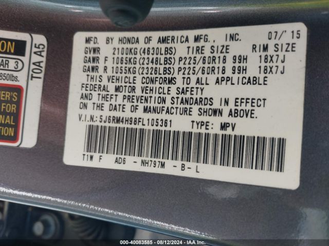 Photo 8 VIN: 5J6RM4H98FL105361 - HONDA CR-V 