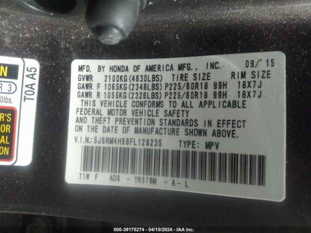 Photo 8 VIN: 5J6RM4H98FL128235 - HONDA CR-V 