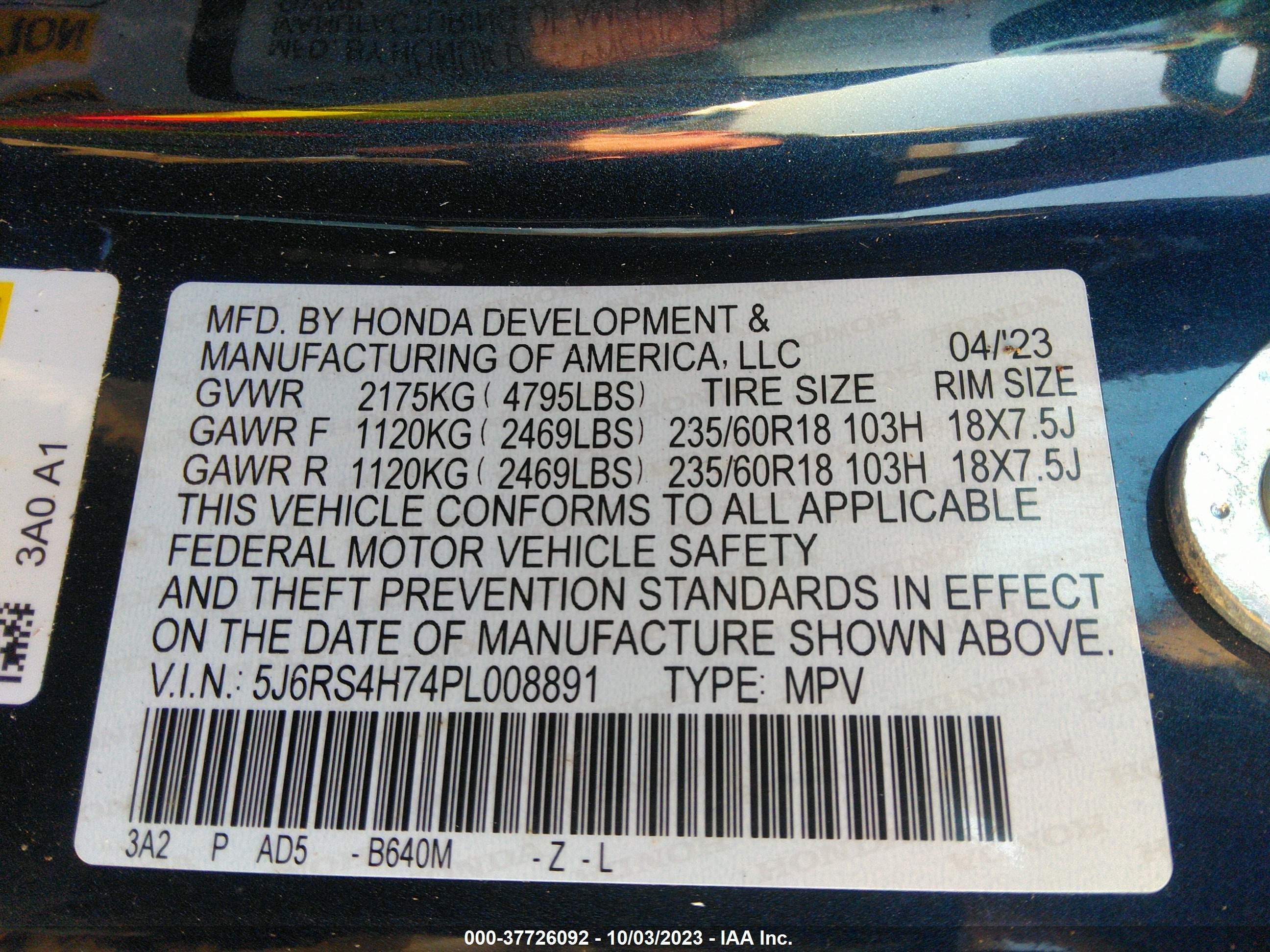 Photo 8 VIN: 5J6RS4H74PL008891 - HONDA CR-V 