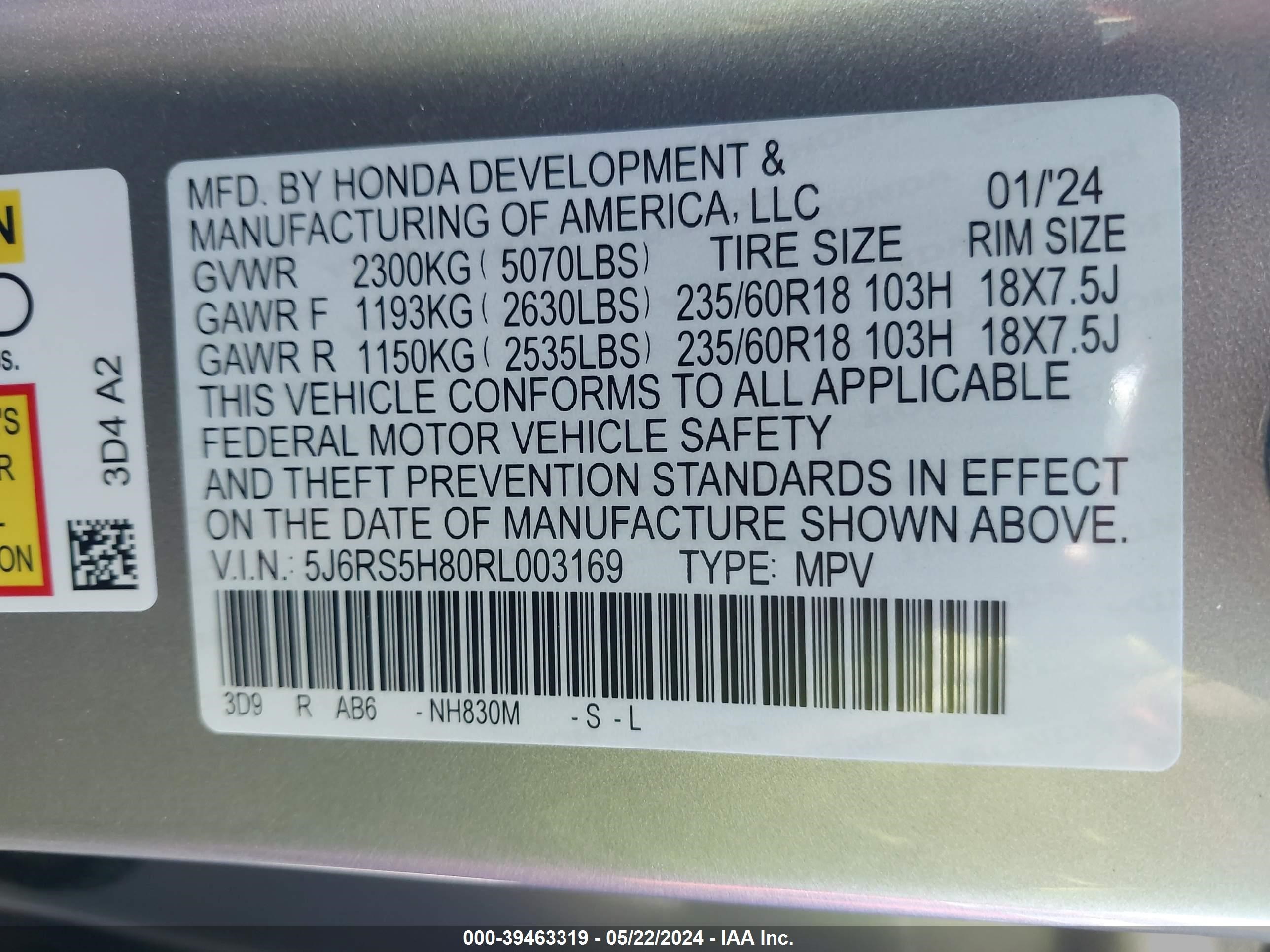 Photo 8 VIN: 5J6RS5H80RL003169 - HONDA CR-V 