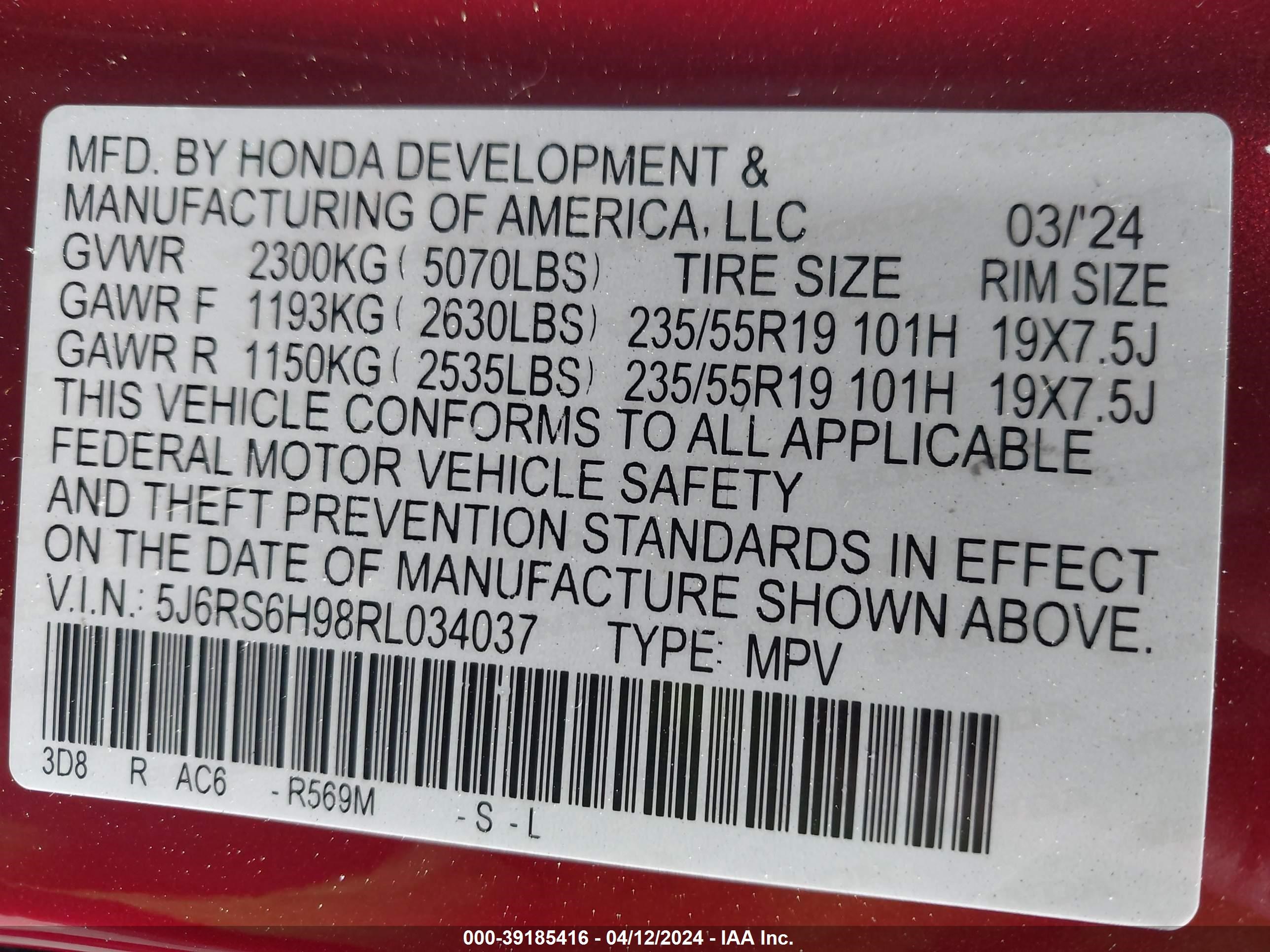 Photo 8 VIN: 5J6RS6H98RL034037 - HONDA CR-V 