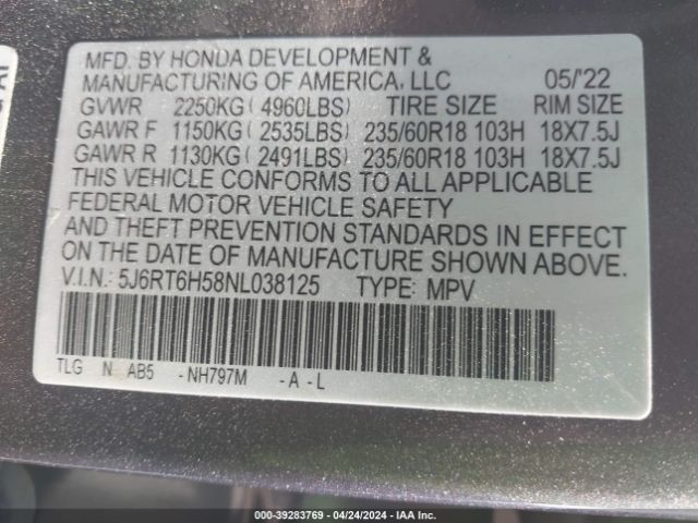 Photo 8 VIN: 5J6RT6H58NL038125 - HONDA CRV 