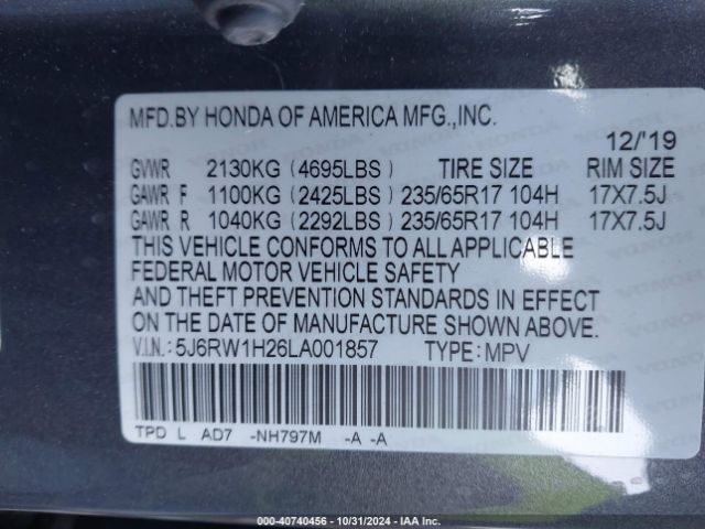 Photo 8 VIN: 5J6RW1H26LA001857 - HONDA CR-V 