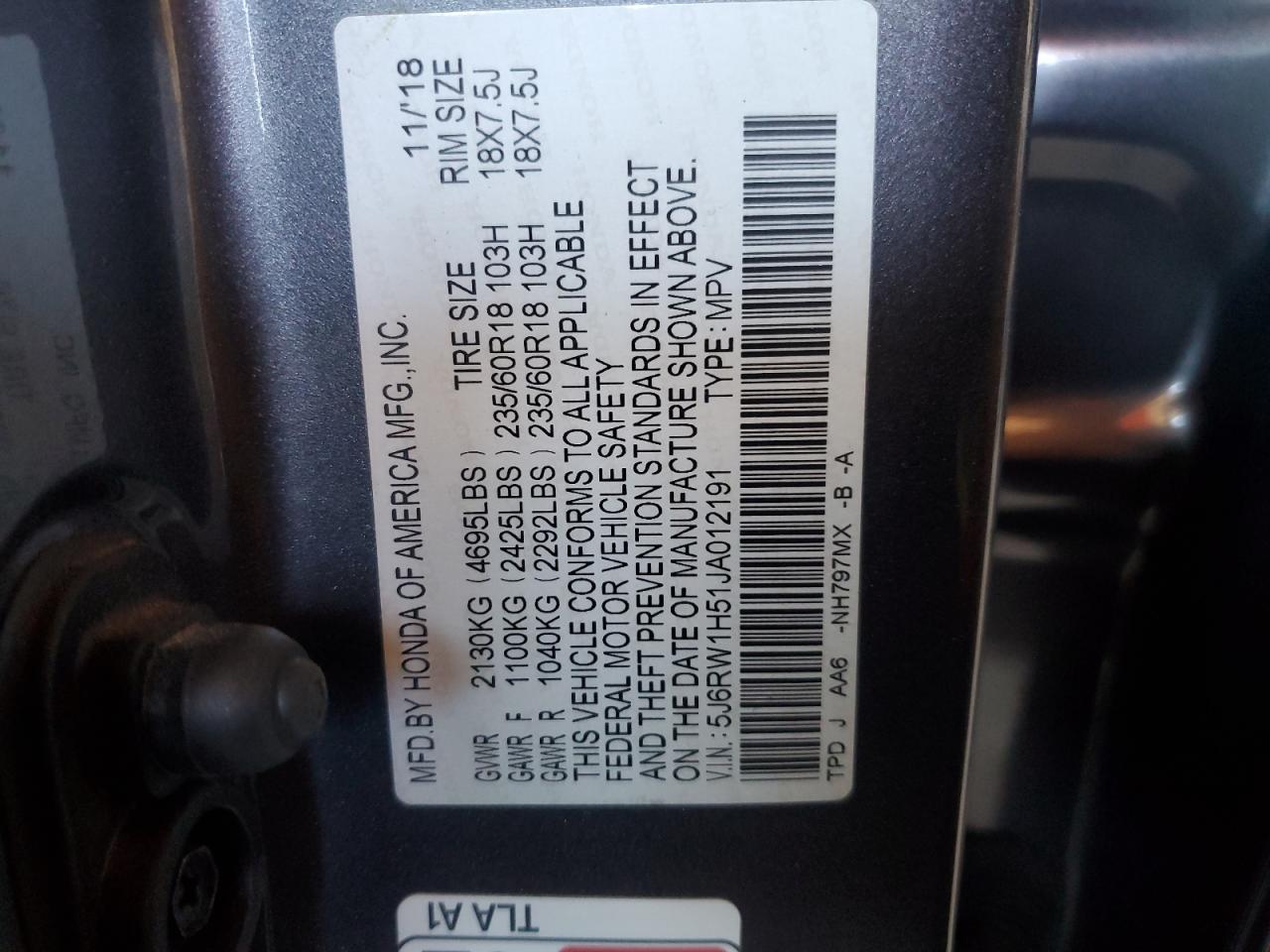 Photo 11 VIN: 5J6RW1H51JA012191 - HONDA CR-V 