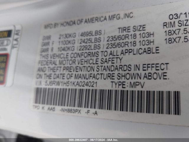 Photo 8 VIN: 5J6RW1H51KA024021 - HONDA CR-V 