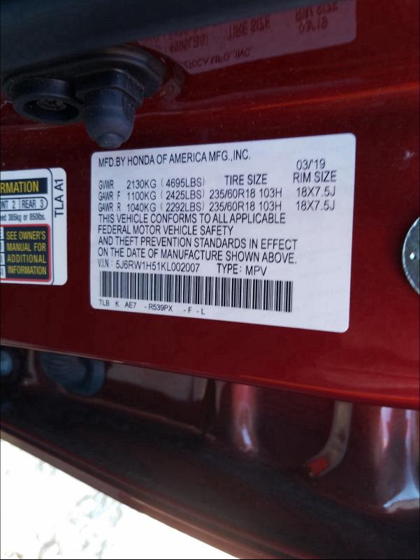 Photo 9 VIN: 5J6RW1H51KL002007 - HONDA CR-V EX 