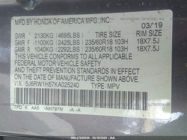 Photo 8 VIN: 5J6RW1H57KA025240 - HONDA CR-V 