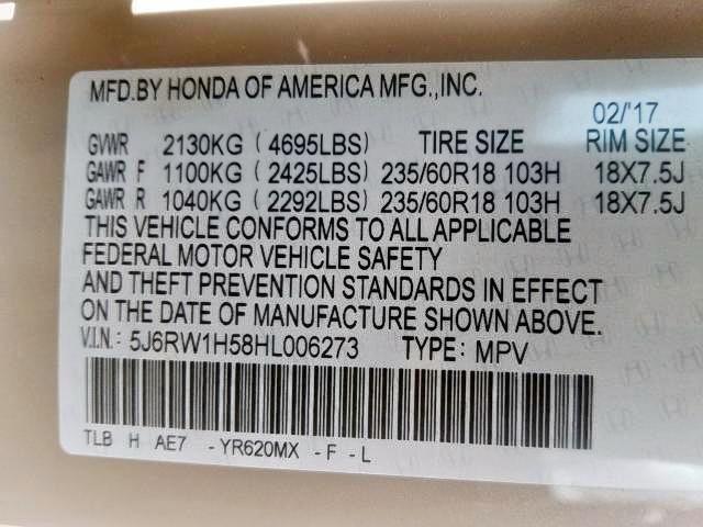 Photo 9 VIN: 5J6RW1H58HL006273 - HONDA CR-V EX 