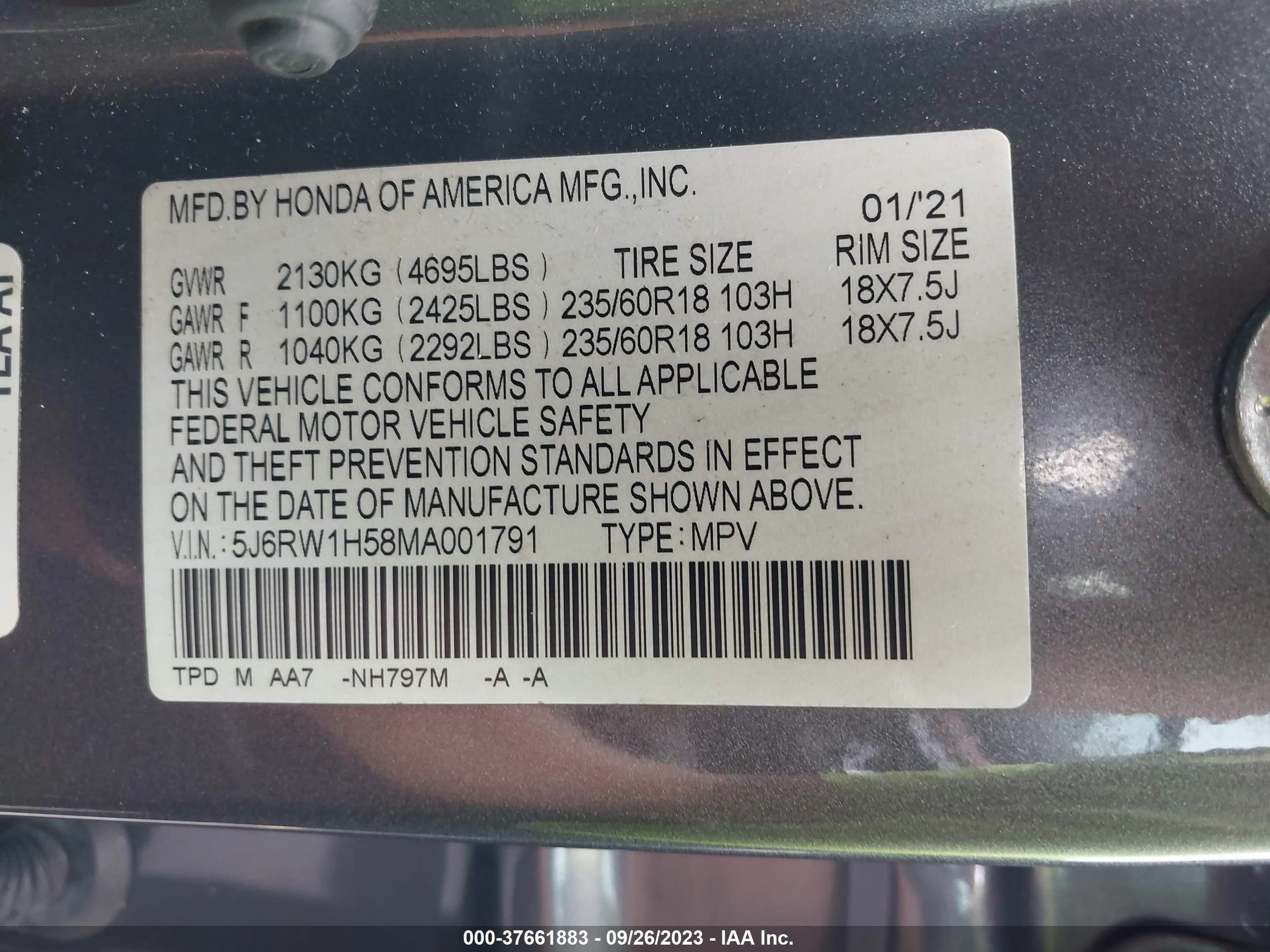 Photo 8 VIN: 5J6RW1H58MA001791 - HONDA CR-V 