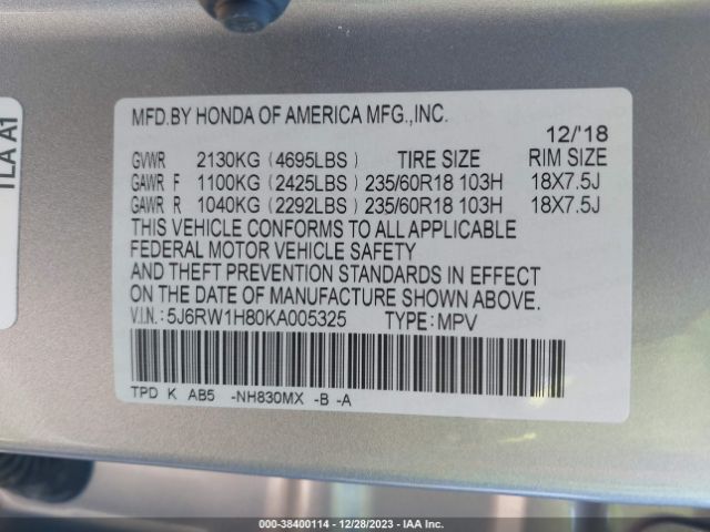 Photo 8 VIN: 5J6RW1H80KA005325 - HONDA CR-V 