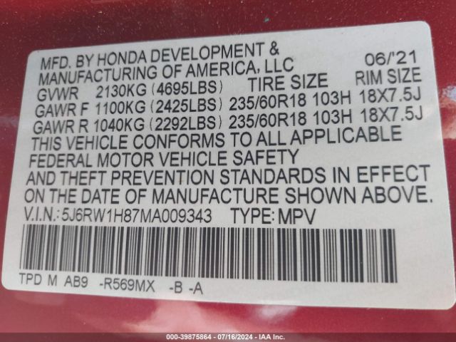 Photo 8 VIN: 5J6RW1H87MA009343 - HONDA CR-V 