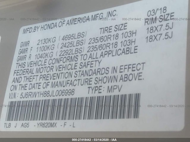 Photo 8 VIN: 5J6RW1H88JL006998 - HONDA CR-V 