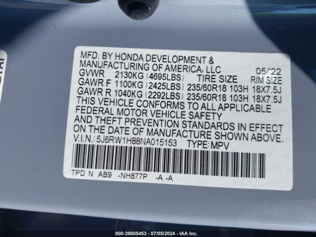 Photo 8 VIN: 5J6RW1H88NA015153 - HONDA CR-V 