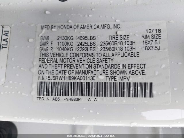 Photo 8 VIN: 5J6RW1H89KA001130 - HONDA CR-V 