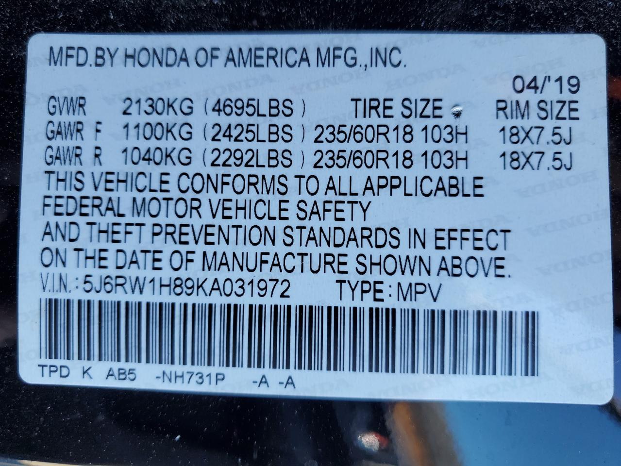 Photo 13 VIN: 5J6RW1H89KA031972 - HONDA CR-V 