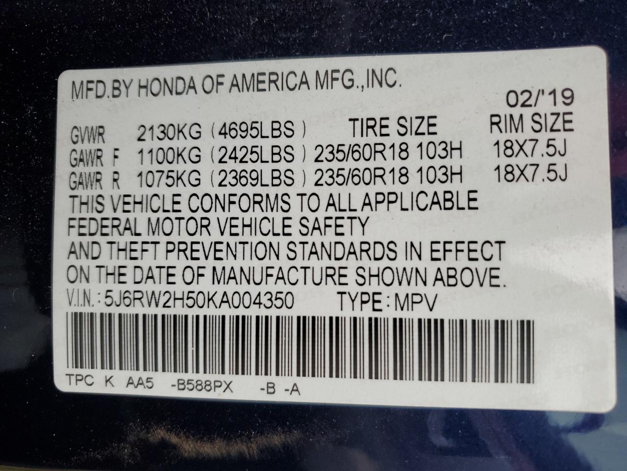 Photo 12 VIN: 5J6RW2H50KA004350 - HONDA CR-V 