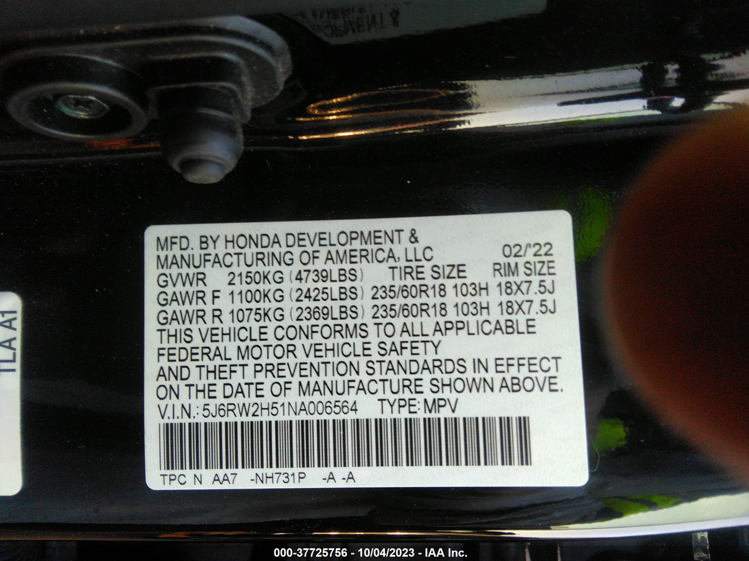 Photo 8 VIN: 5J6RW2H51NA006564 - HONDA CR-V 