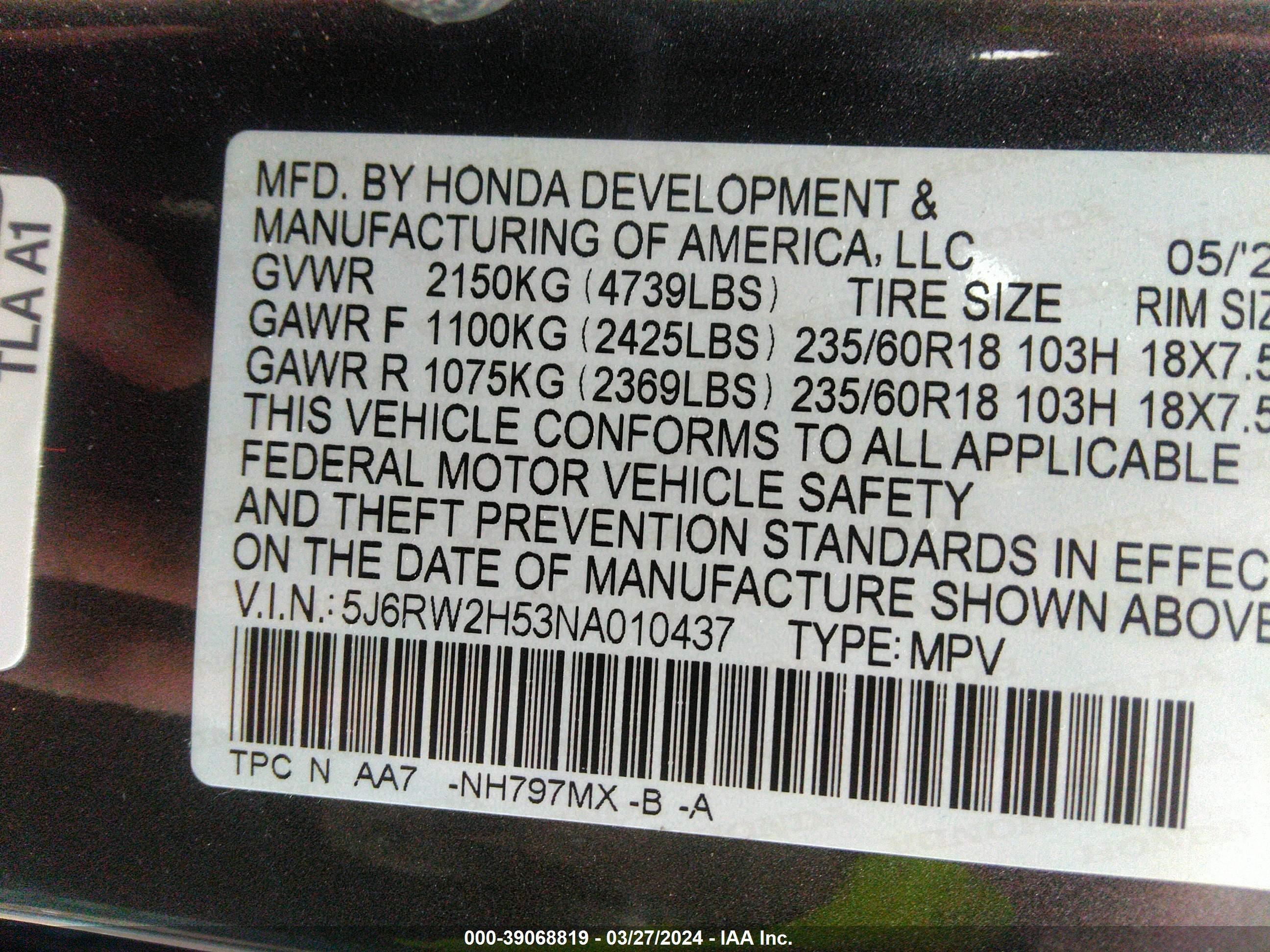 Photo 8 VIN: 5J6RW2H53NA010437 - HONDA CR-V 