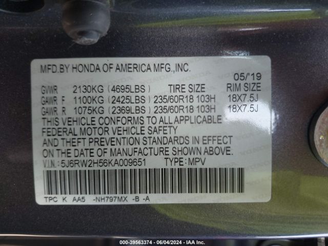 Photo 8 VIN: 5J6RW2H56KA009651 - HONDA CR-V 