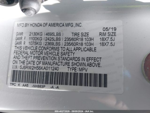 Photo 8 VIN: 5J6RW2H56KA011240 - HONDA CR-V 