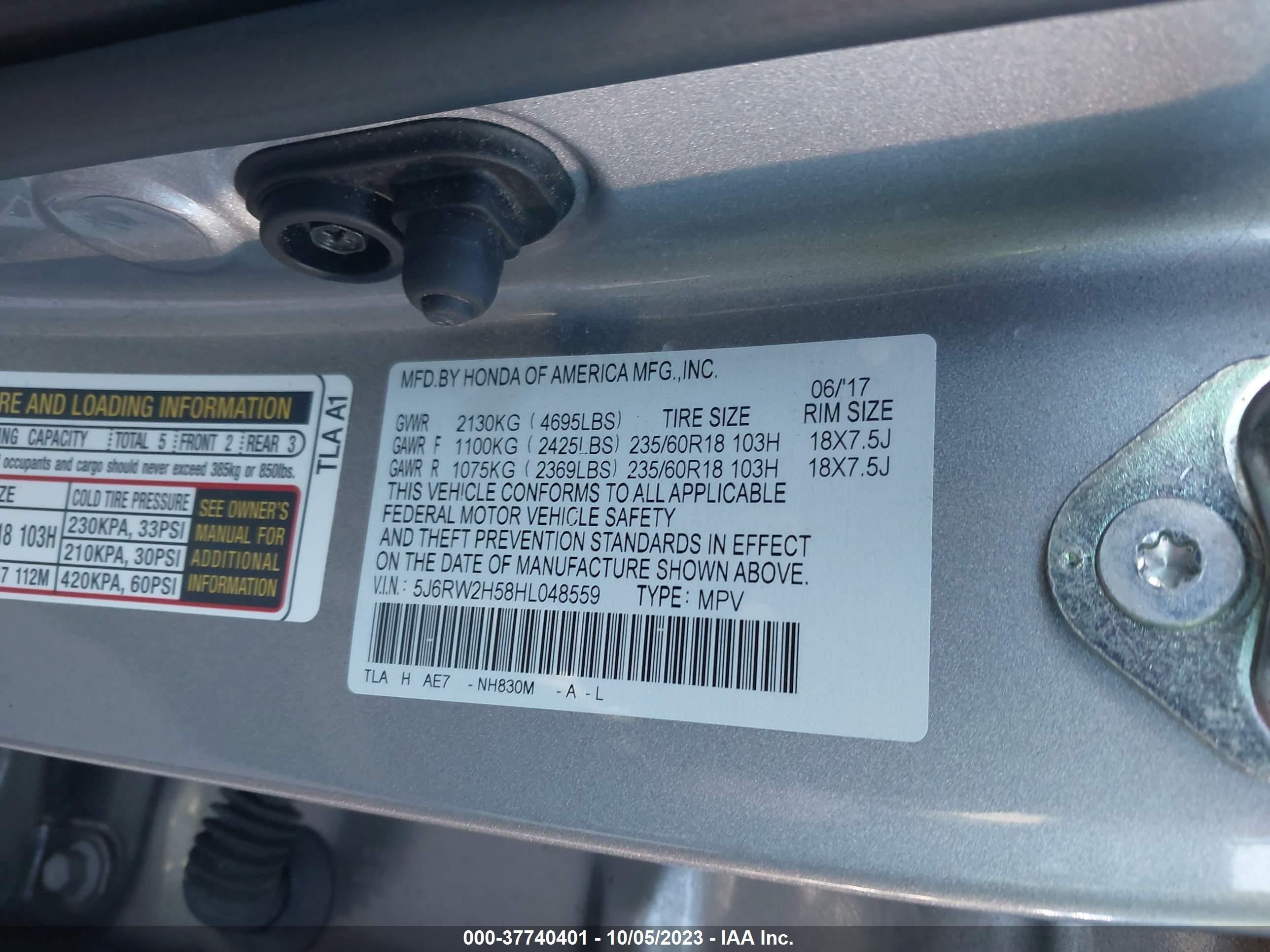 Photo 8 VIN: 5J6RW2H58HL048559 - HONDA CR-V 