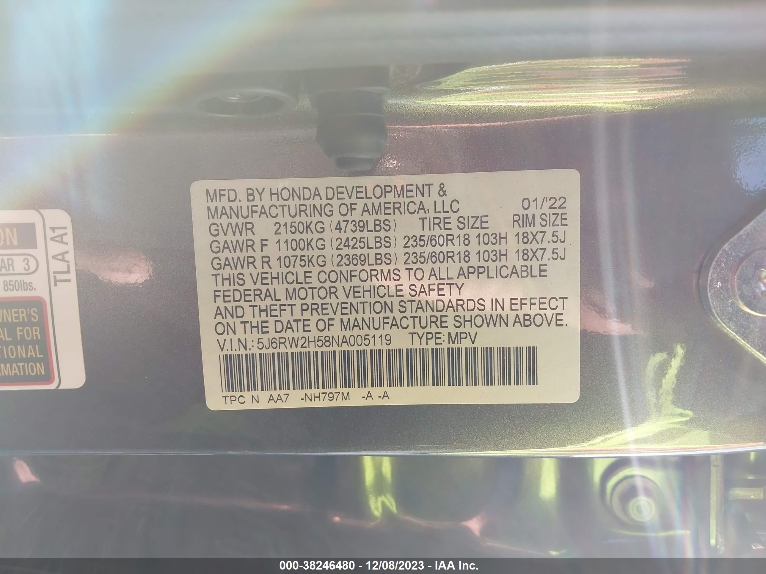 Photo 8 VIN: 5J6RW2H58NA005119 - HONDA CR-V 