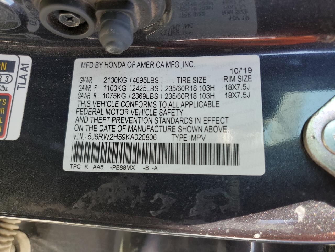 Photo 11 VIN: 5J6RW2H59KA020806 - HONDA CR-V 