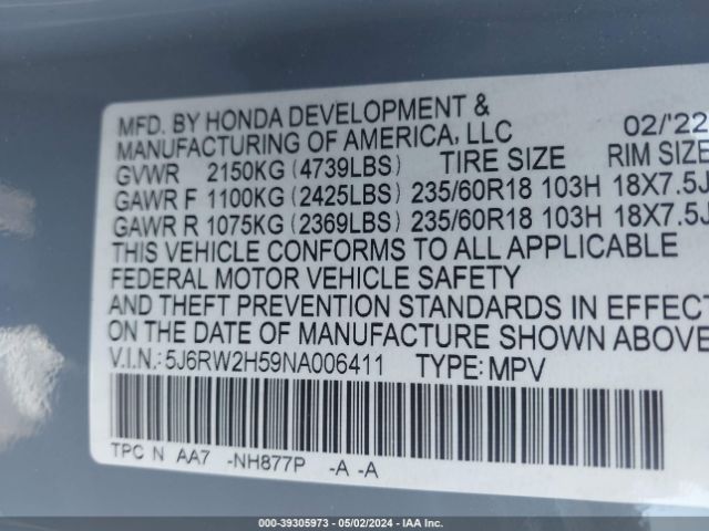 Photo 8 VIN: 5J6RW2H59NA006411 - HONDA CR-V 