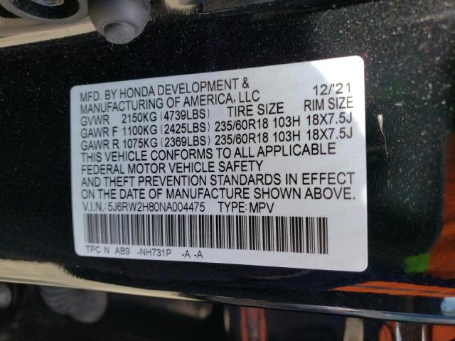 Photo 11 VIN: 5J6RW2H80NA004475 - HONDA CR-V EXL 