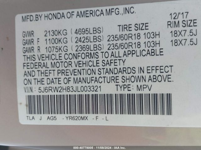 Photo 8 VIN: 5J6RW2H83JL003321 - HONDA CR-V 