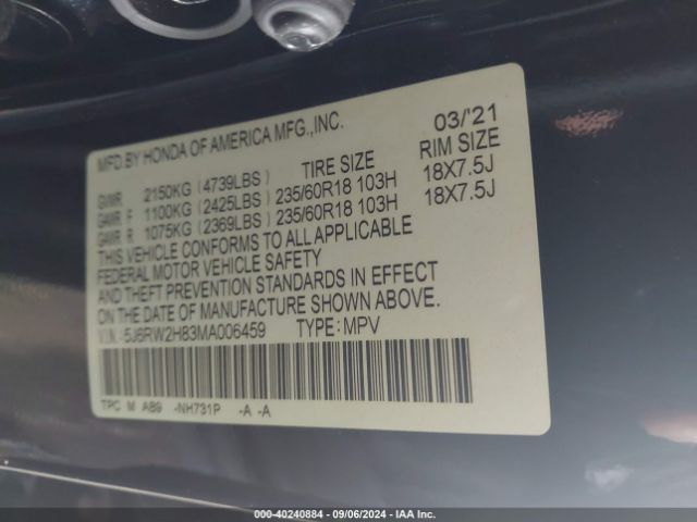 Photo 8 VIN: 5J6RW2H83MA006459 - HONDA CR-V 