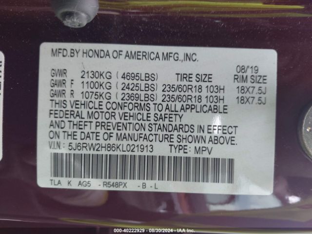 Photo 8 VIN: 5J6RW2H86KL021913 - HONDA CR-V 